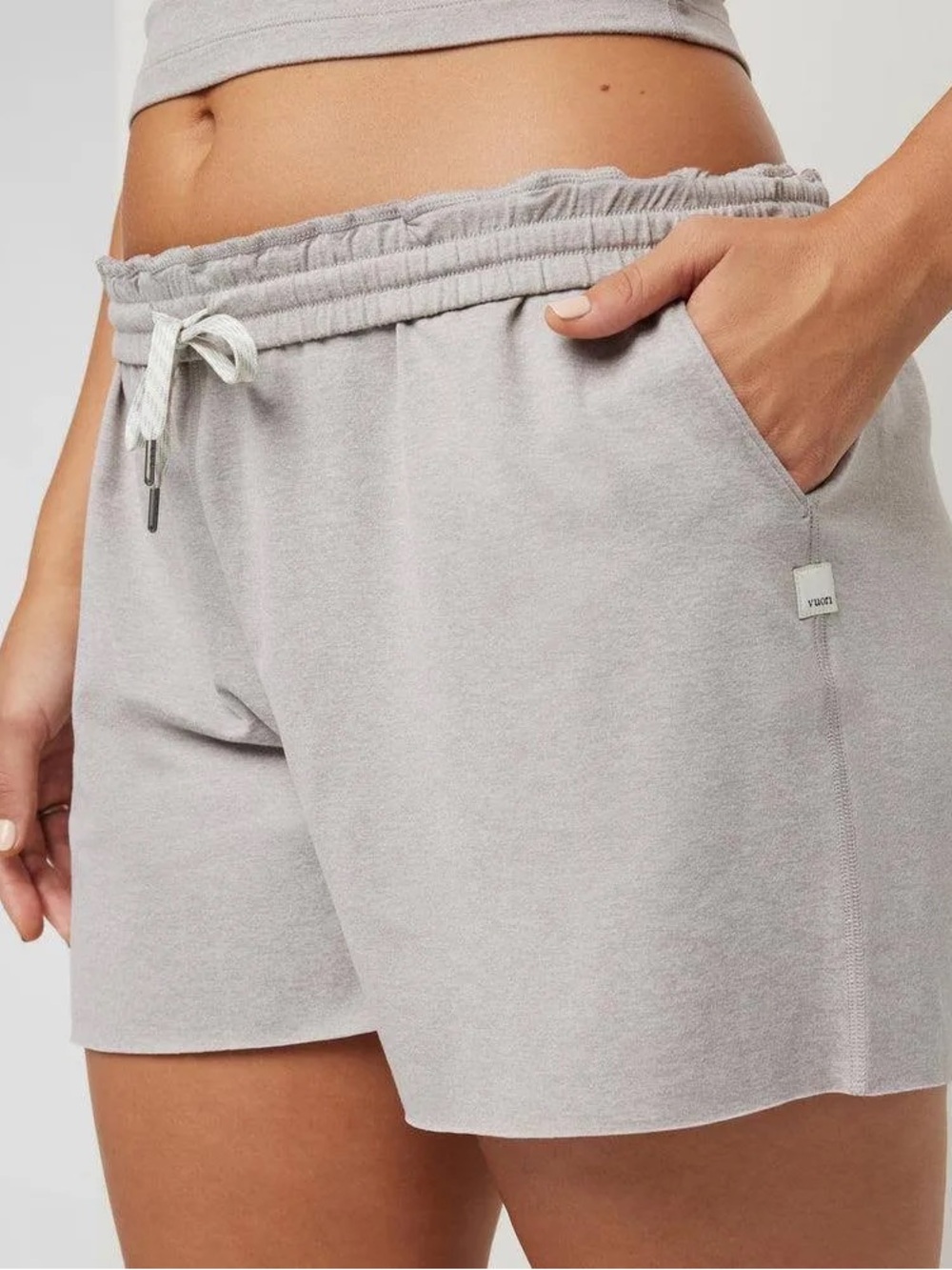 Vuori Women’s Boyfrind Shorts DreamKnit Stretch Jersey in Soft Pewter Heather M